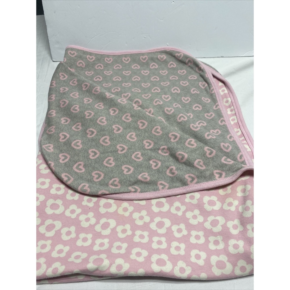 Gerber Baby Girl ORGANIC Pink Grey Heart Blanket 2 Sided 37x28"
